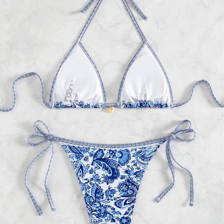 Dame Triangel-Bikini med legende blomsterdesign og bånd