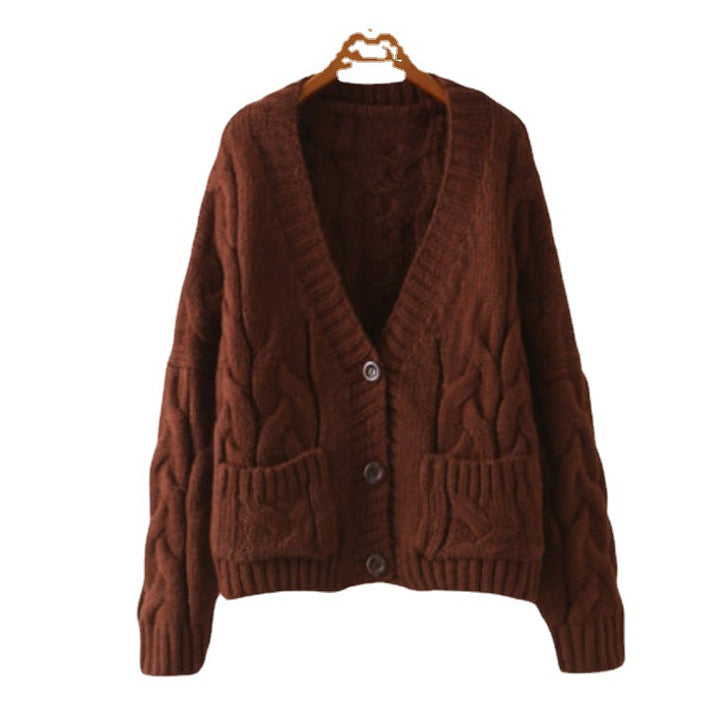 Kvinders chunky strikket cardigan med knaplukket lommer og V-hals Stilla