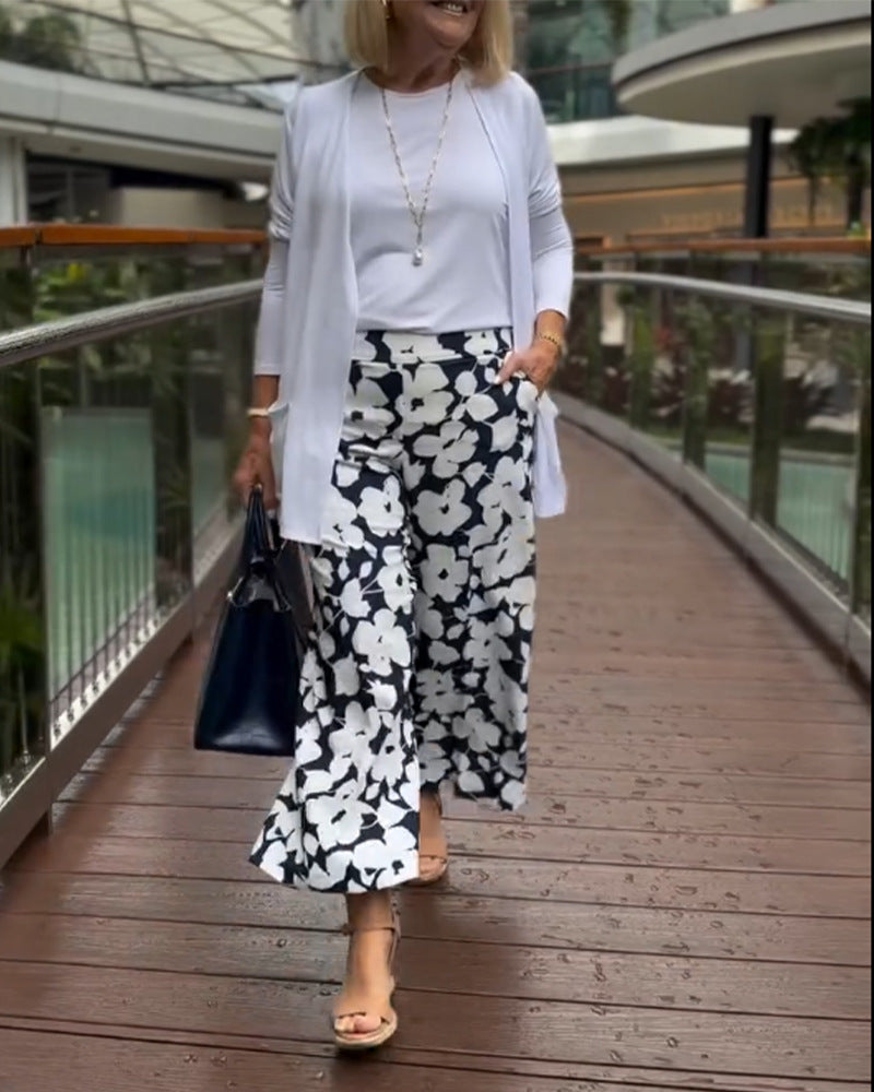 Dame bred culotte-bukser med blomsterprint og elastisk talje Stilla
