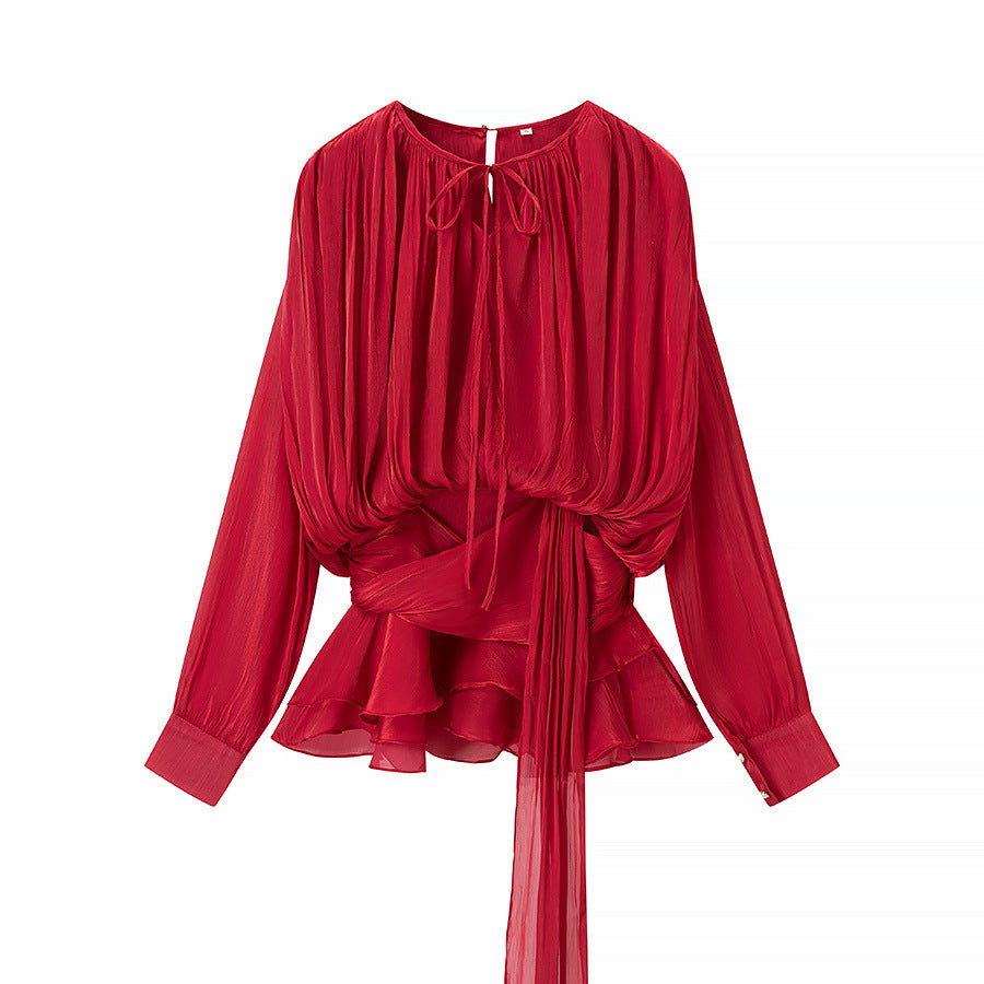 Dame Elegant Bluse med Rynker og Bundet Bælte Stilla