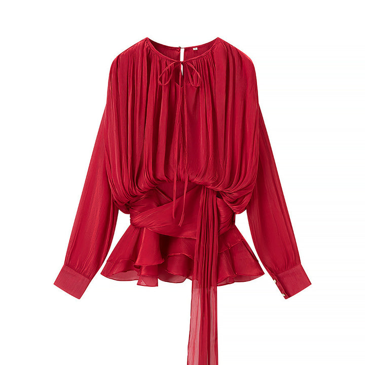 Dame Elegant Bluse med Rynker og Bundet Bælte Stilla
