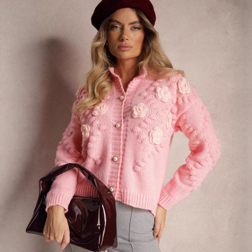 Kvinders cardigan med blomsterapplikationer og trendy knapdesign Stilla