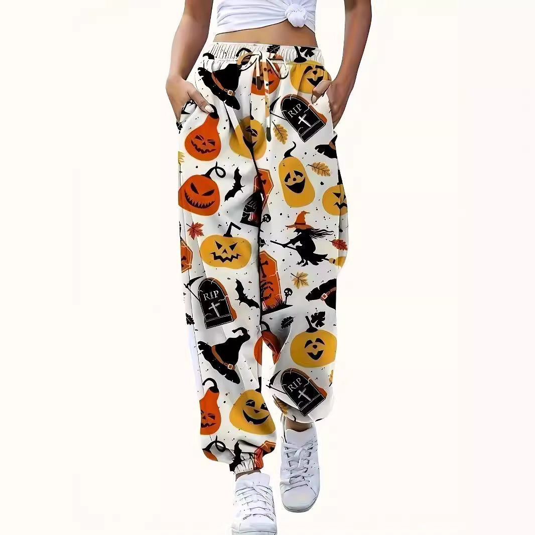 Dame fritidshose med farverigt Halloween-motiv og elastisk linning Stilla