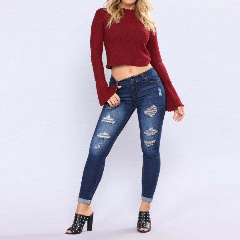 Dame Slim-Fit Jeans med trendy Ødelagt-detaljer Skovae