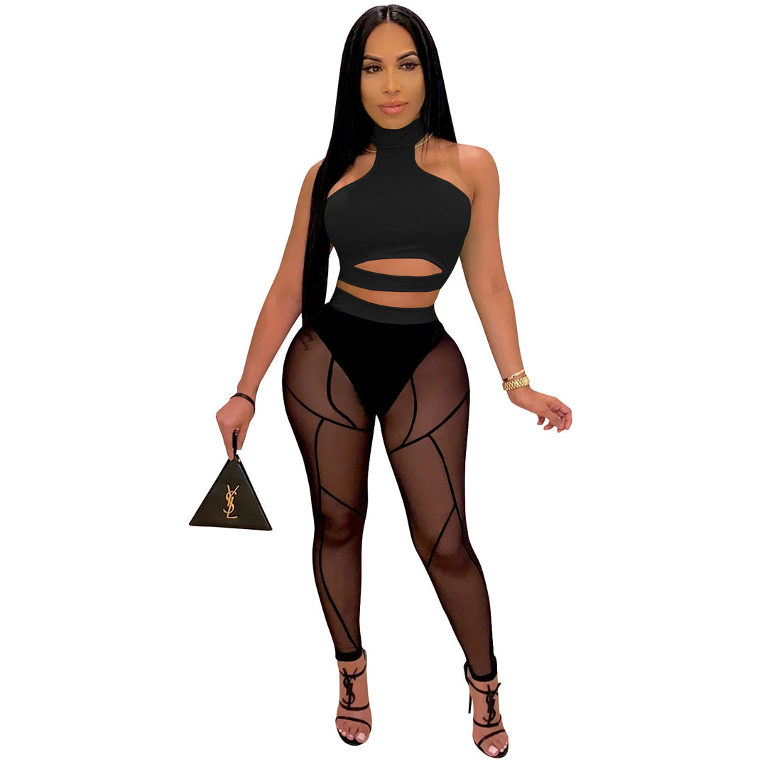 Dame Trendy Cut-Out Bodysuit med transparente leggings Stilla