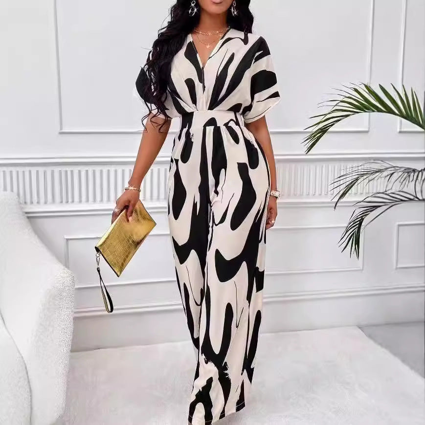 Dame Elegant Jumpsuit med stort mønster og V-udskæring Skovae