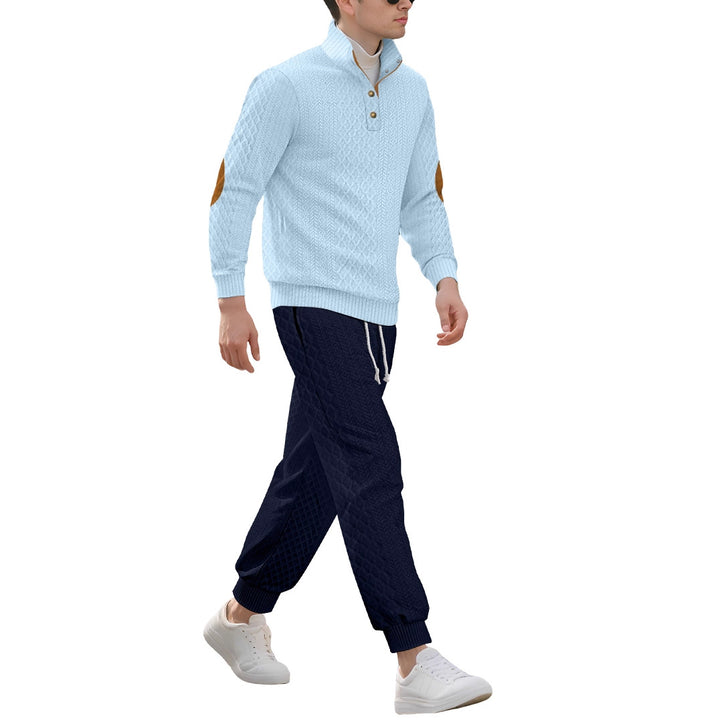 Herre nan struktureret strik-fritidsoutfit med halvknap-høj krave, daim-ellbogenlapper og snøre-bund joggers Skovae