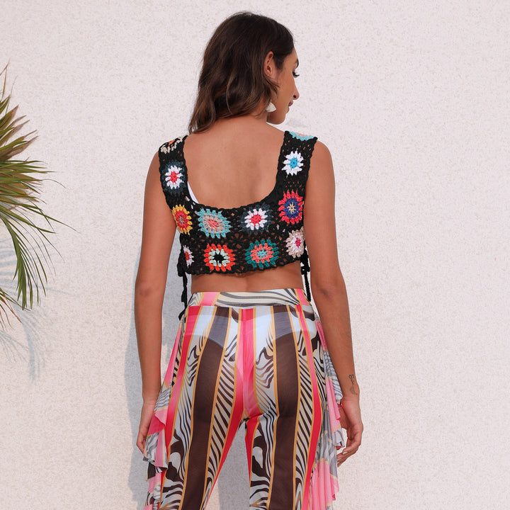 Dame hæklet Crop-Top med farverige blomstermotiver Skovae