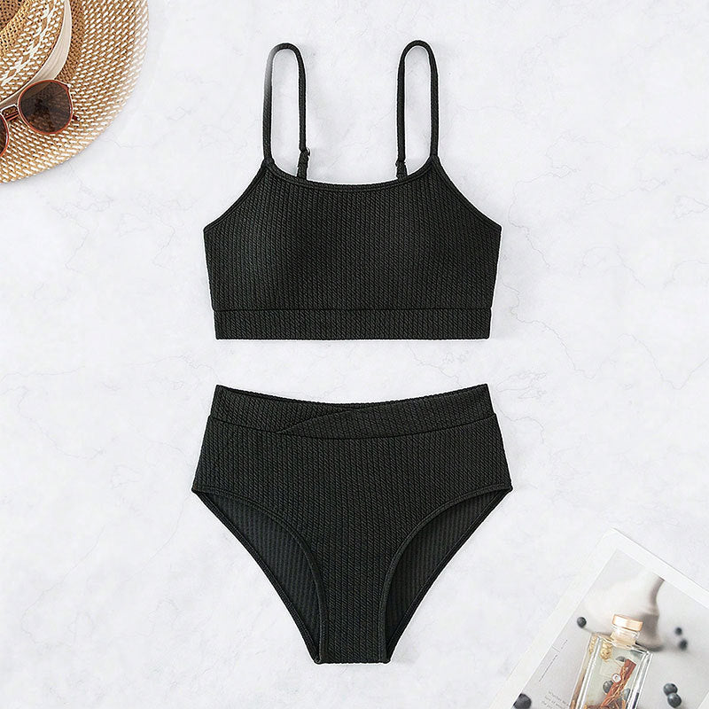 Dame High-Waist Bikini Sæt med sporty Crop-Top og Ribstruktur Skovae