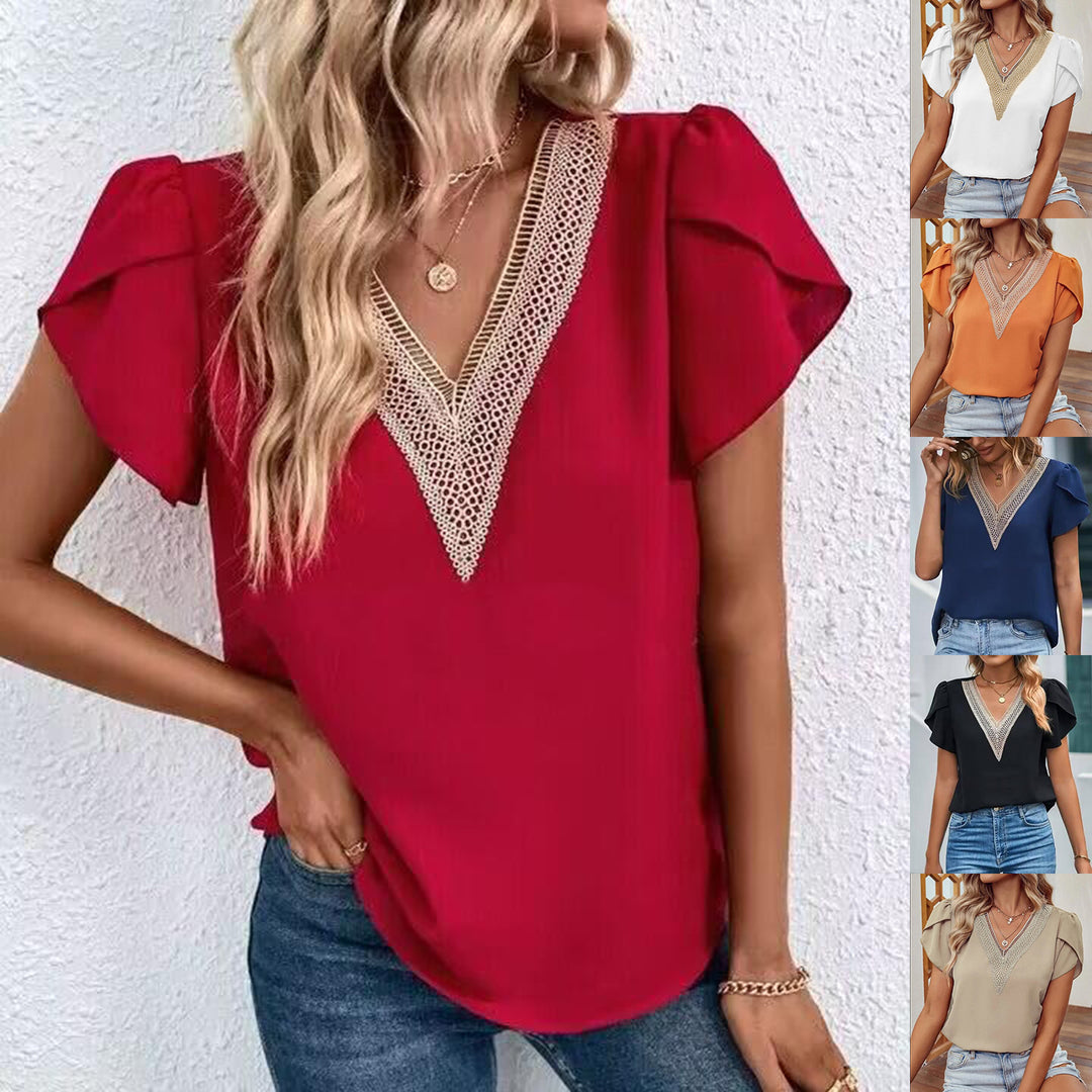 Dame elegant kortærmet bluse med udsmykket V-udskæring Stilla