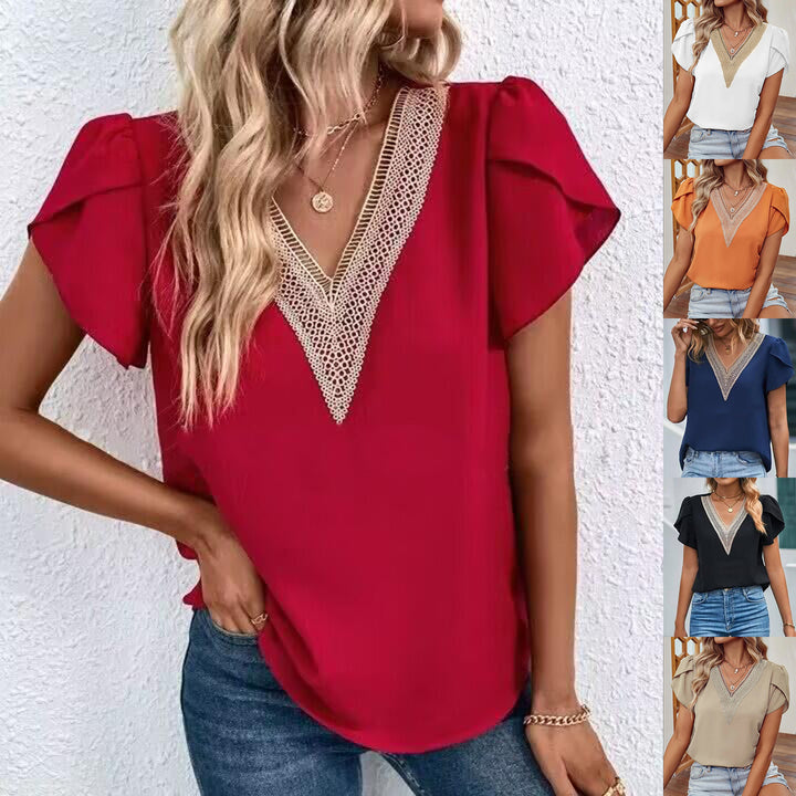 Dame elegant kortærmet bluse med udsmykket V-udskæring Stilla