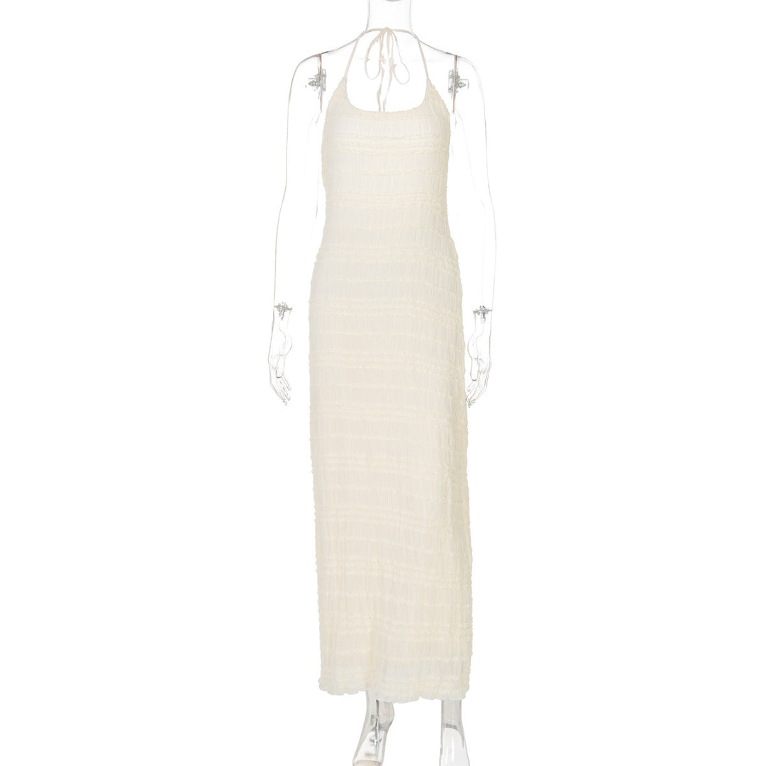 Dame Lange Strikkjole med neckholder design og elegant rynkeelement Stilla