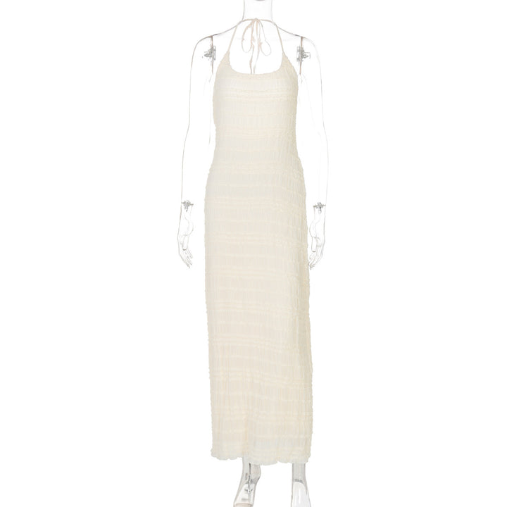 Dame Lange Strikkjole med neckholder design og elegant rynkeelement Stilla