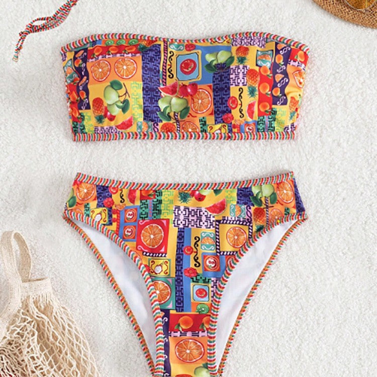 Dame Bandeau-bikini med farverigt frugtprint Skovae