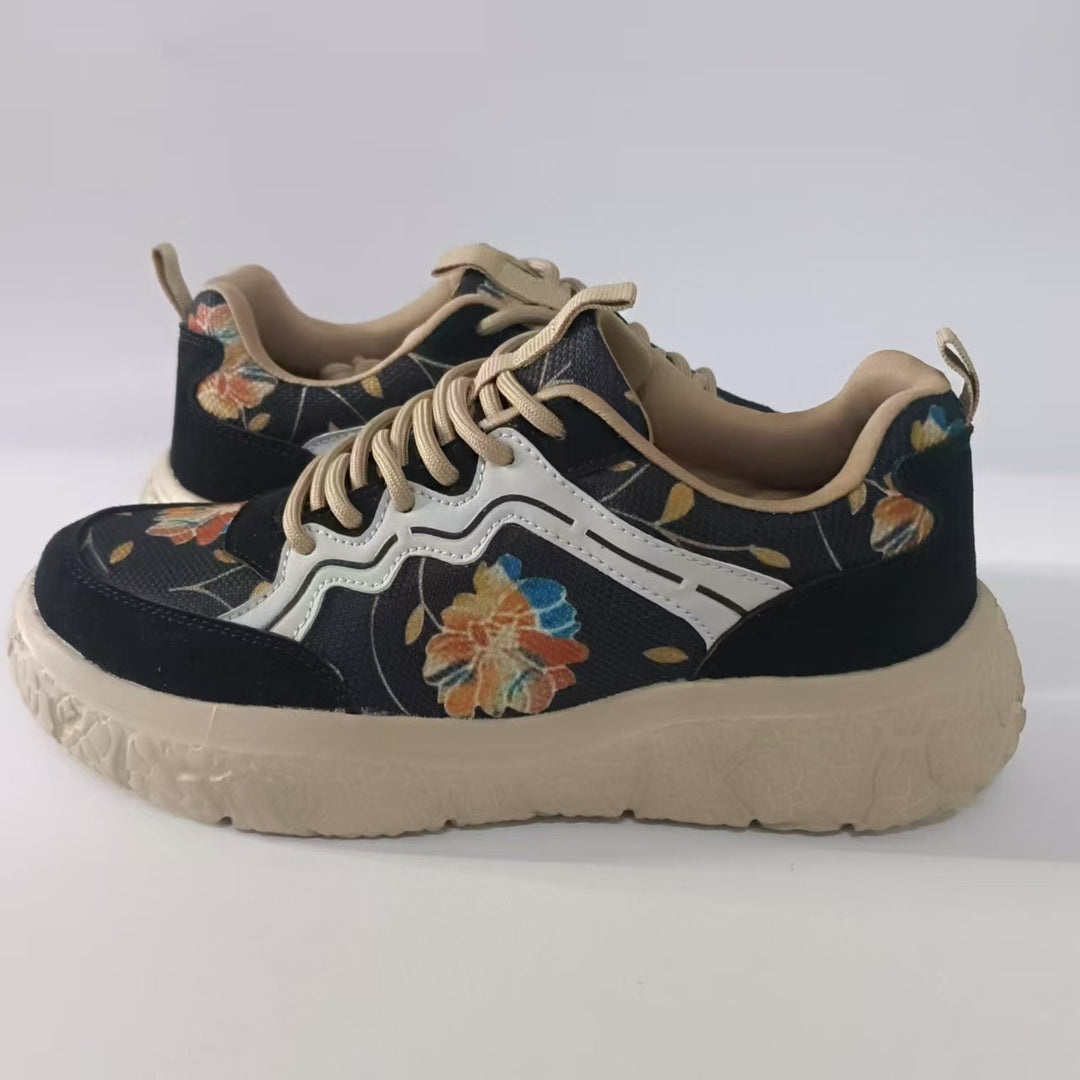 Dame nan mode Plateau-sneakers med blomstret canvasmønster og ruskind pynt skoae
