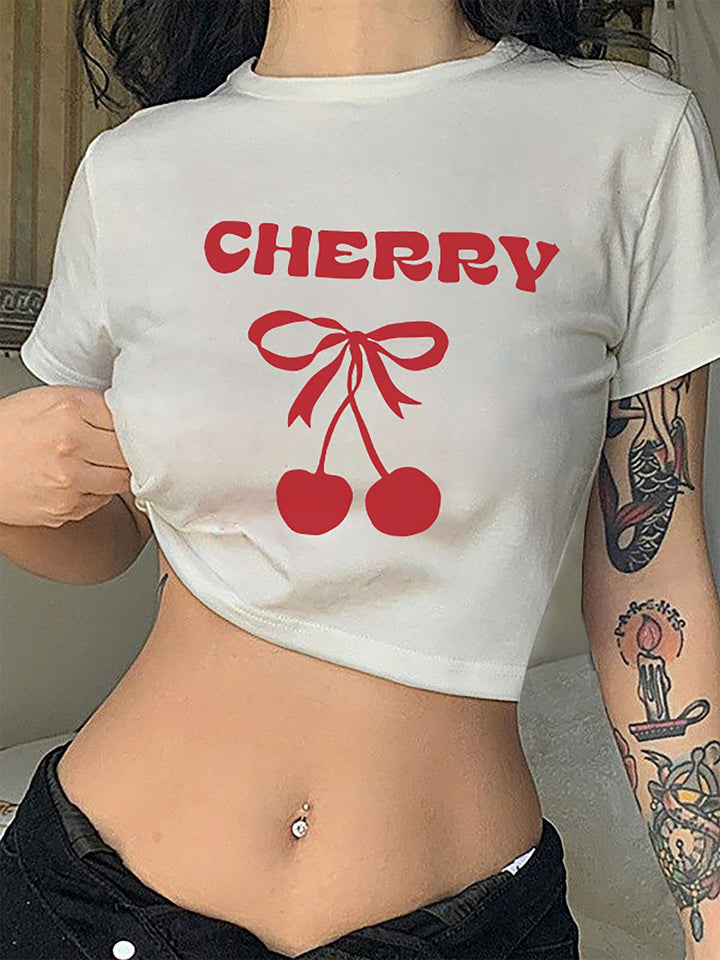 Damer Crop-T-Shirt med legende kirsebærmotiv og elegant sløjfeprint Skovae