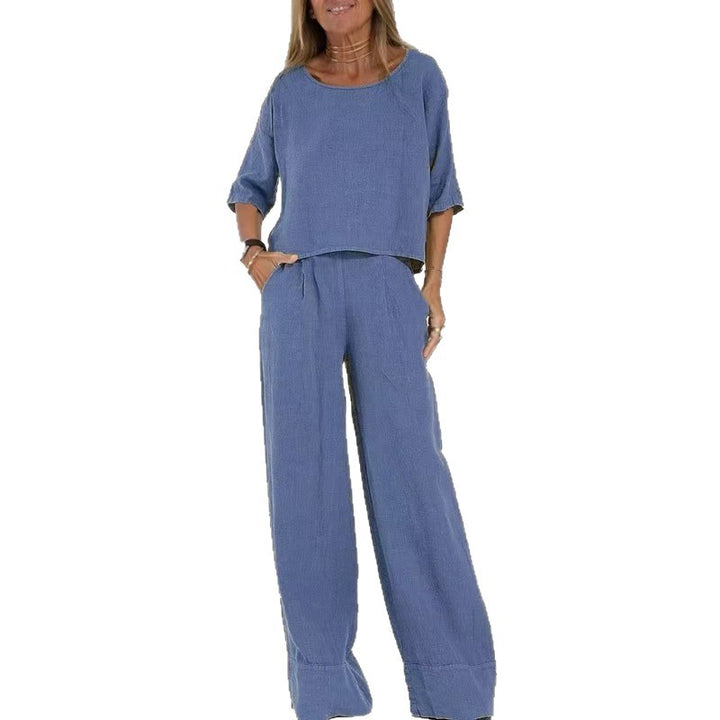Dame let linned sæt med løstsiddende bukser og cropped top Stilla