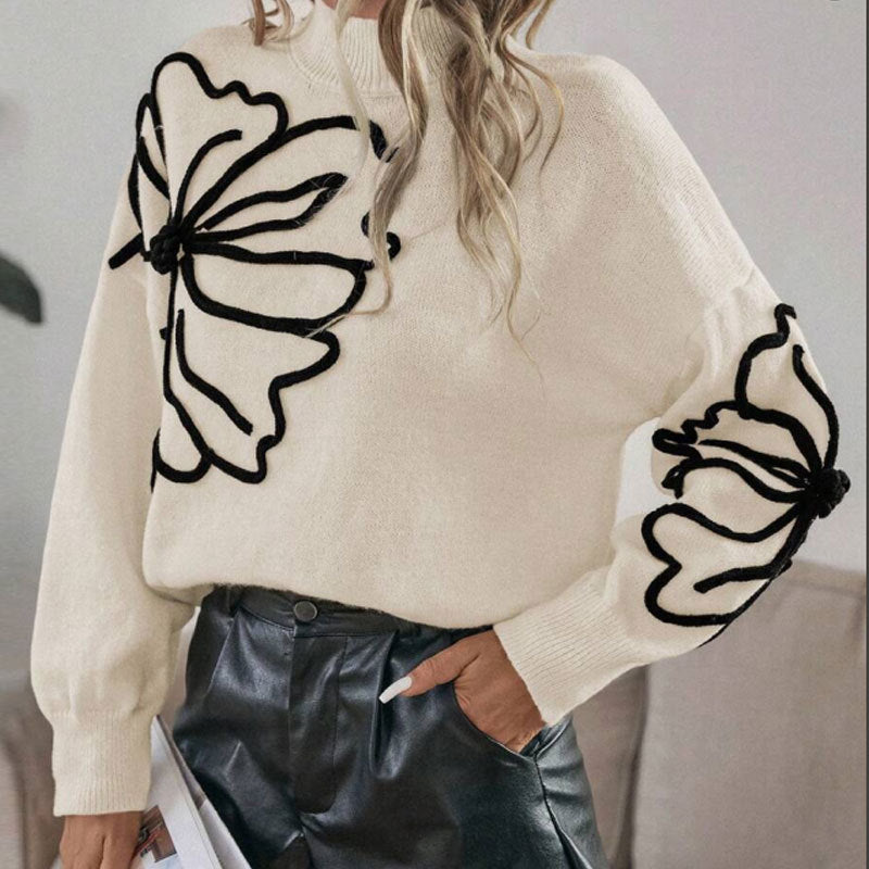 Kvinders strikket sweater med blomster 3D design Stilla