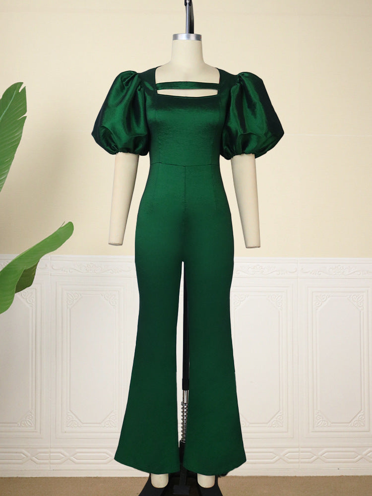 Dame elegant jumpsuit med puffærmer og kvadratisk uddybning Skovae