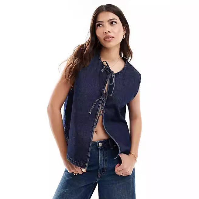 Dame Denim Vest med Raffinerede Bindebånd Stilla