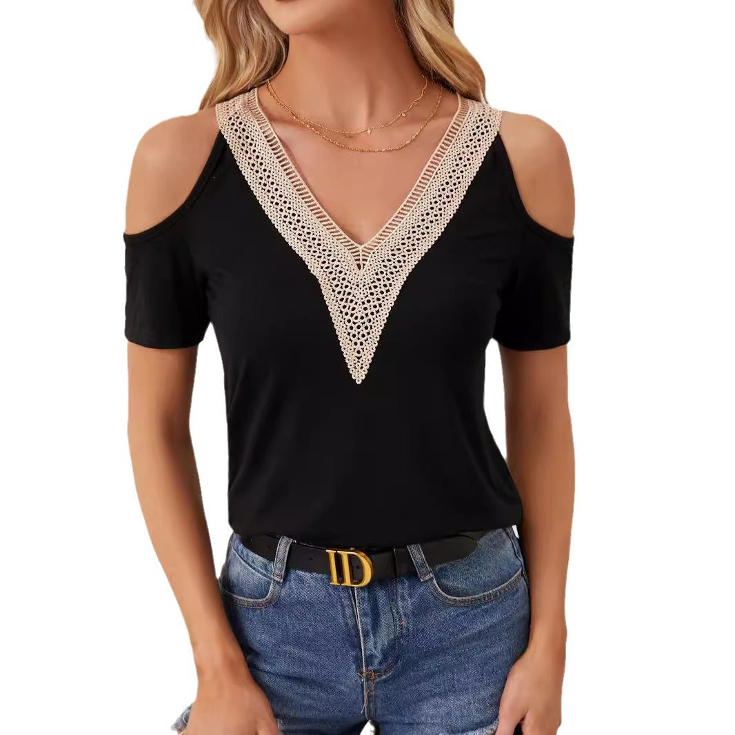 Dame nan lette Jerseyshirt med åbne skuldre, dyb V-udskæring og hæklet V-indsats Skovae