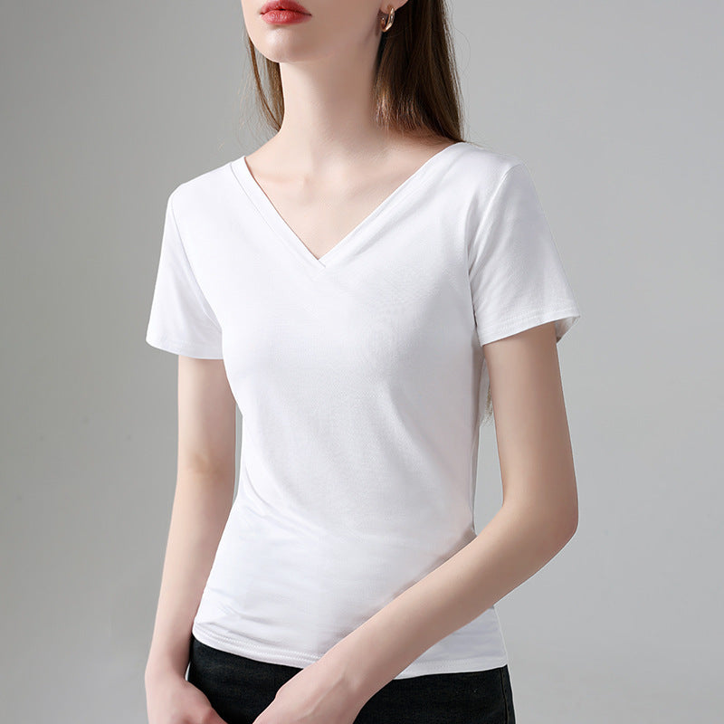 Dame elegant V-hals T-shirt lavet af høj kvalitet bomuldsblanding med figursyet pasform Stilla