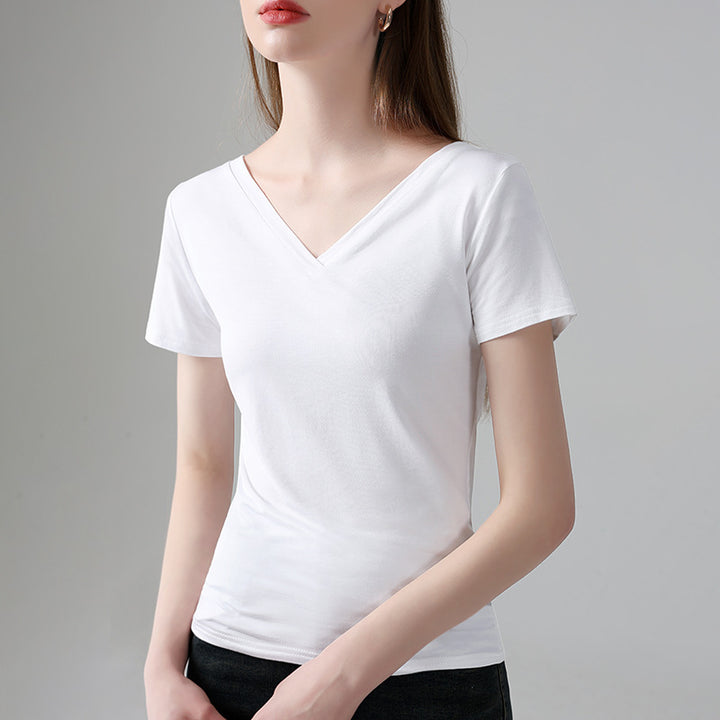 Dame elegant V-hals T-shirt lavet af høj kvalitet bomuldsblanding med figursyet pasform Stilla