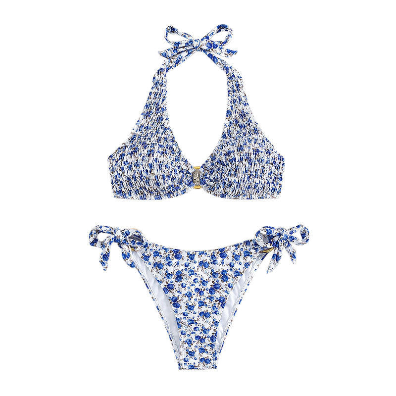 Dame triangel-bikini med legesygt blomsterdesign og komfortable sløjfer Skovae