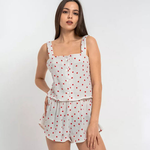 Dame sommerligt fritids-pyjamasæt med hjerte-motiver og elastisk talje Stilla