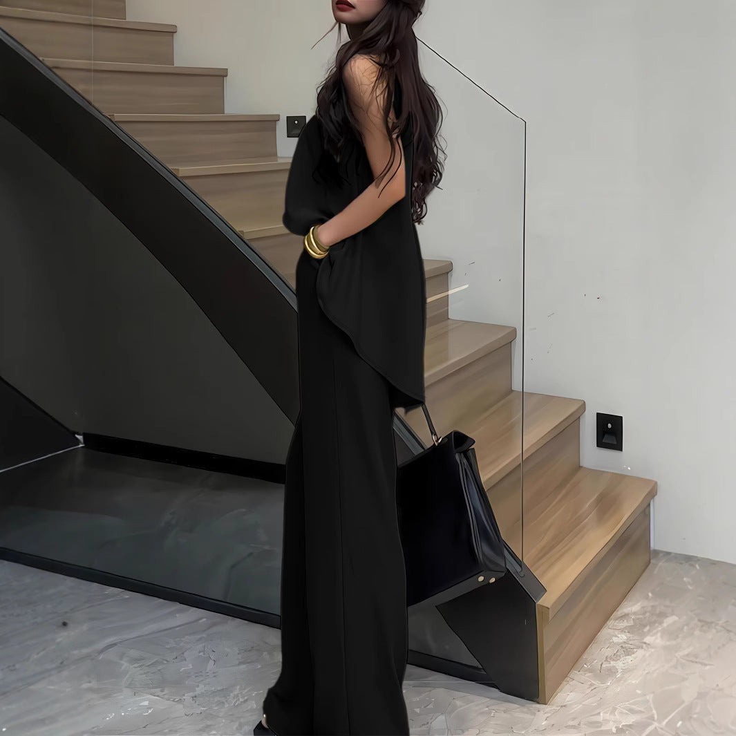 Dame stilfuld Two-Piece sæt med moderne asymmetrisk overdel og bred bukseåbning Stilla