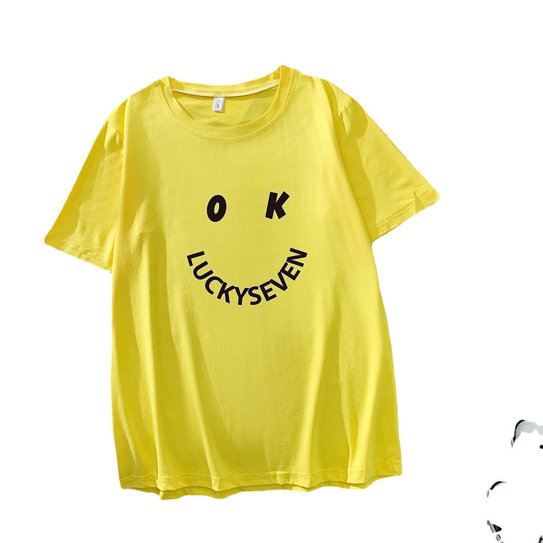 Kvindernes fashionabel t-shirt med afslappet smiley-tryk og høj kvalitet bomulds kvalitet Skovae