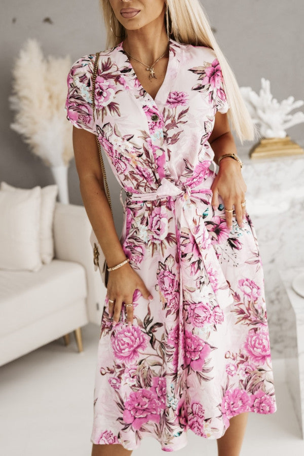 Dame Floral Print Knap-Midi-Kjole Stilla