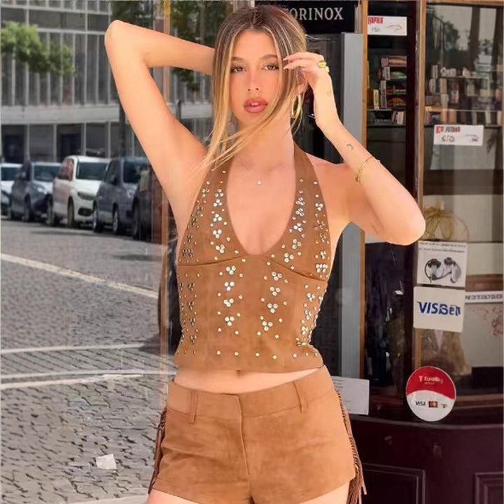 Dame tanktop med glitrende strass-applikationer Stilla