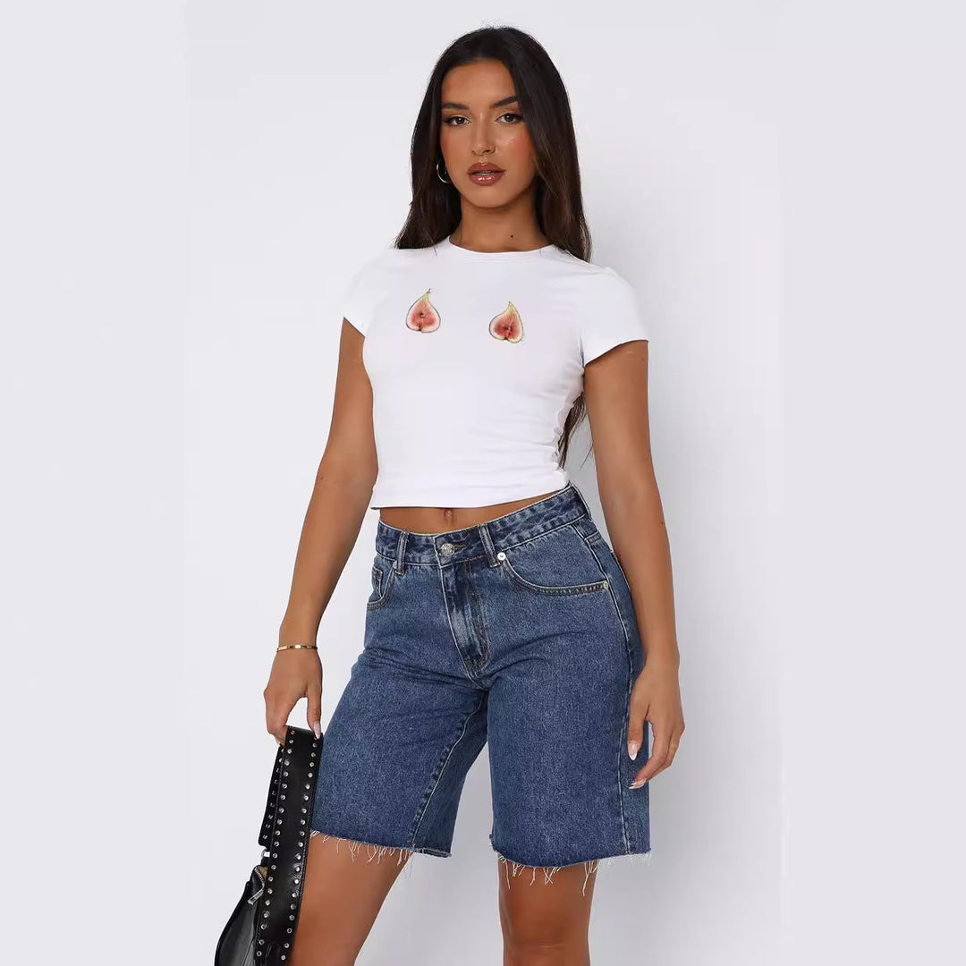 Dame Kortærmet Crop-Top med frugtagtigt motiv og tætsiddende snit Skovae