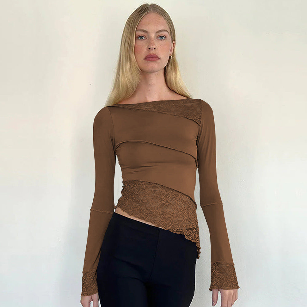 Damer figurtilpasset langærmet shirt med elegant spidsbesætning og asymmetrisk snit Stilla