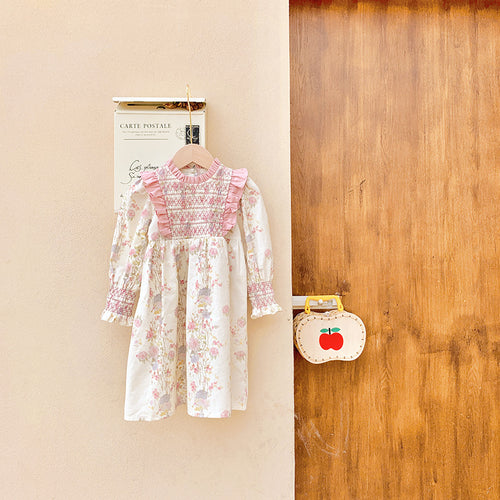 Pige Floral Smocked Langærmet Kjole Stilla