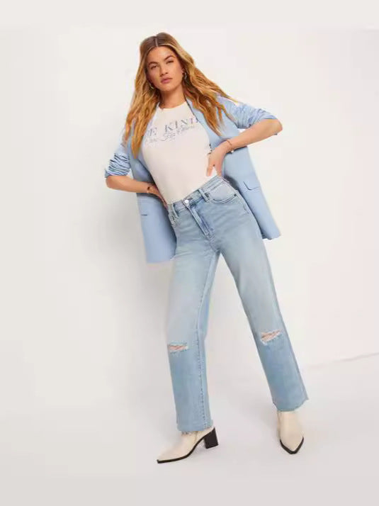 Dame Højtaljede Denim-Jeans med afslappede revnedetaljer og bredt skåret ben Stilla