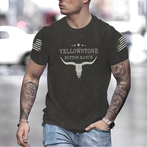 Herrer T-shirt med kreativ Yellowstone-motiv og skulderdetaljer Stilla