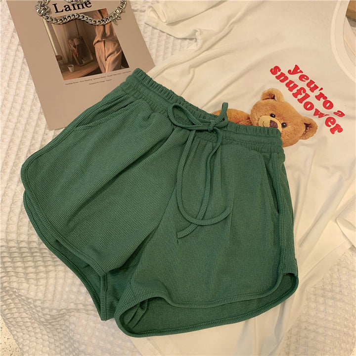 Dame Rib- Højtaljede Lounge-Shorts med Snøre Stilla