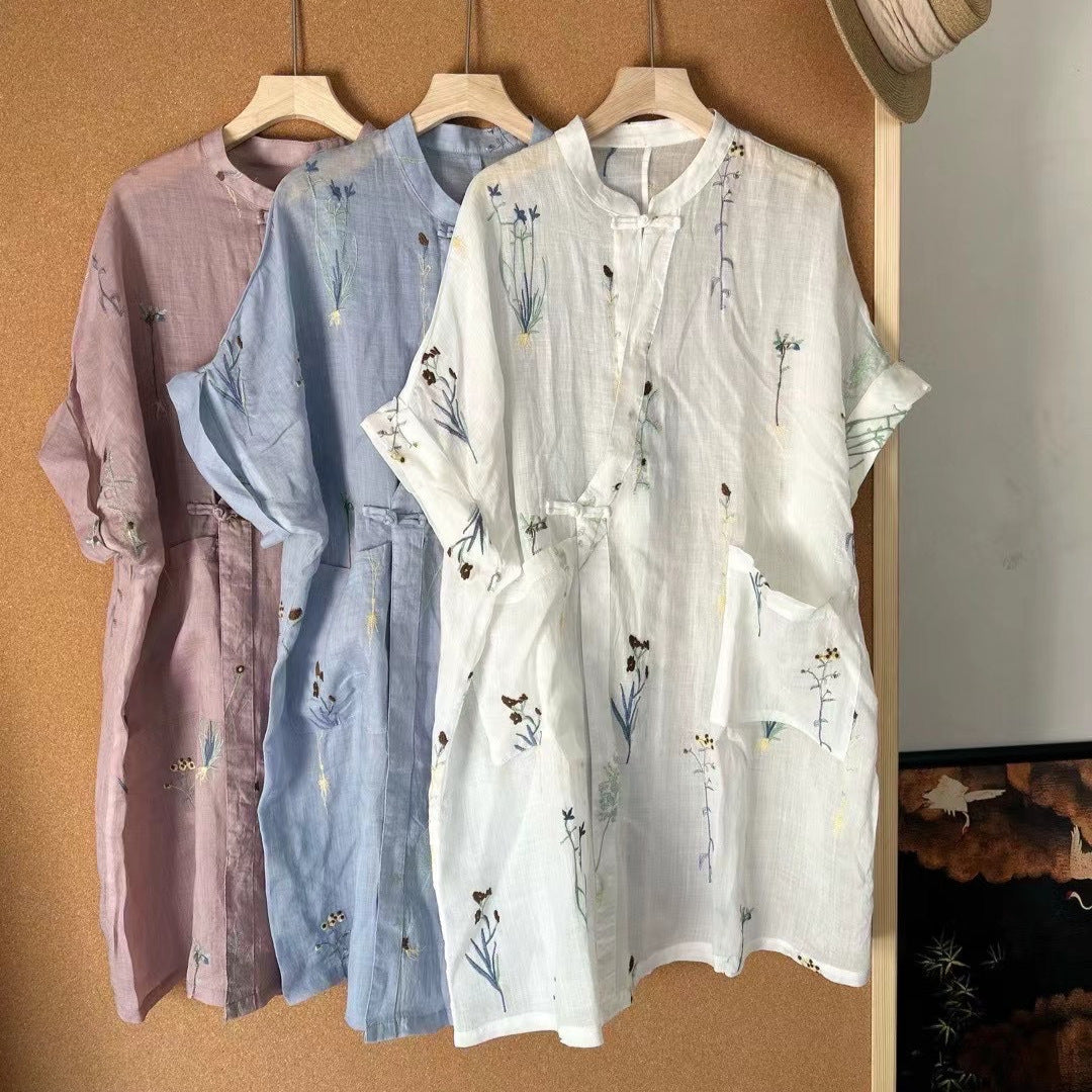Femme Broderet Linned blouse og Løse Culottes Sæt Stilla
