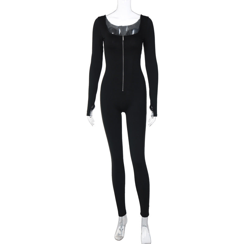 Dame Elegant Langærmet Jumpsuit med transparente indlæg og gennemgående lynlås Stilla