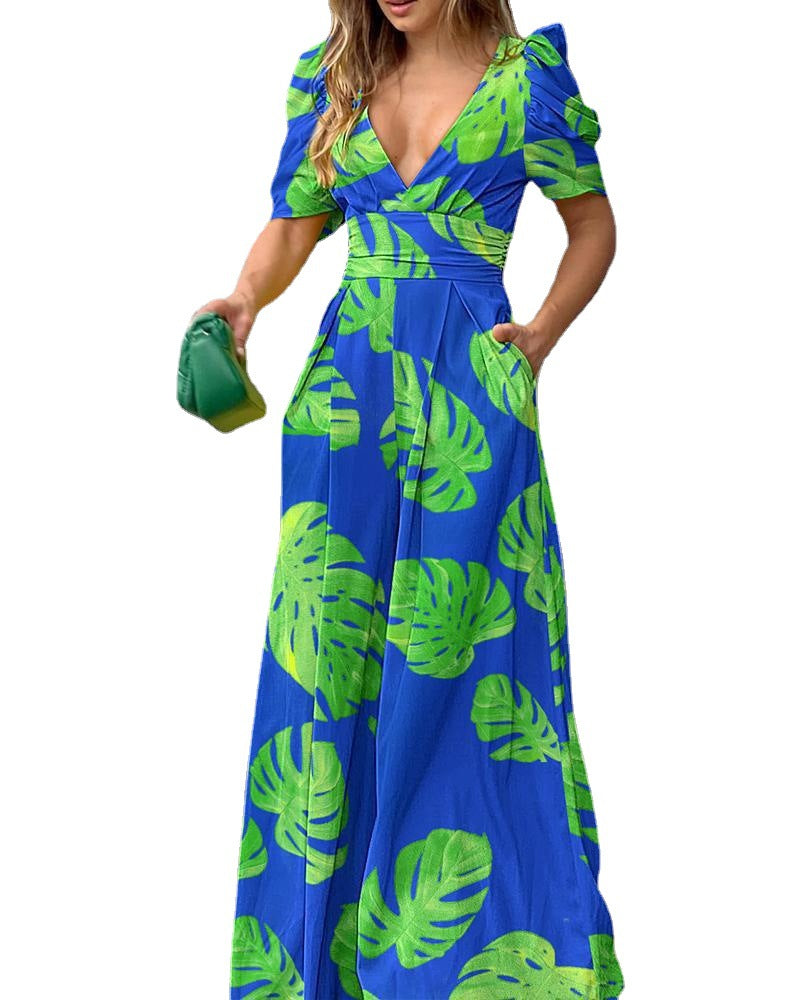Dame Blomster Maxi Kjole med Puffærmer Stilla