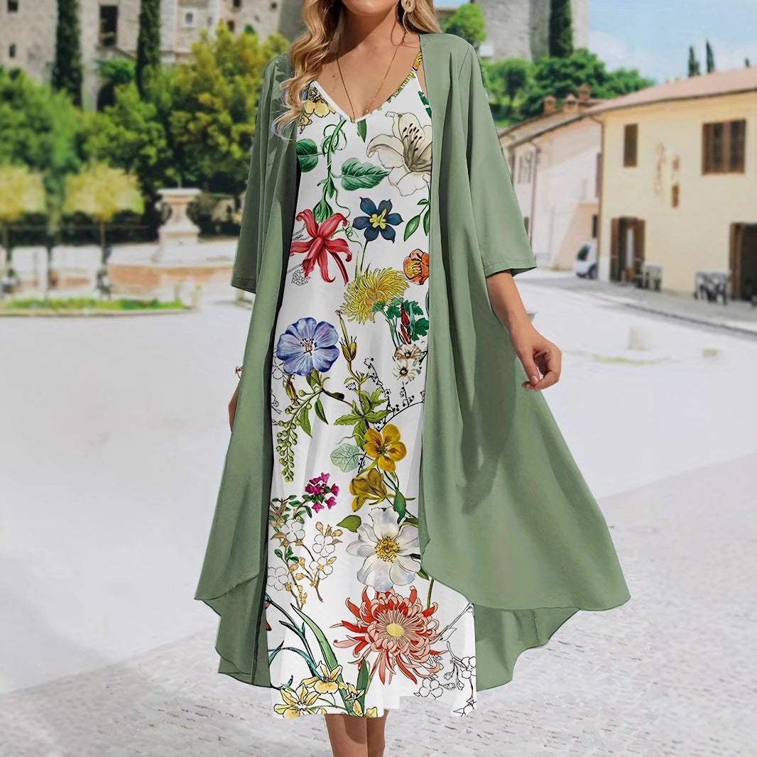 Dame Maxikjole med blomsterdesign og let overjakke Stilla