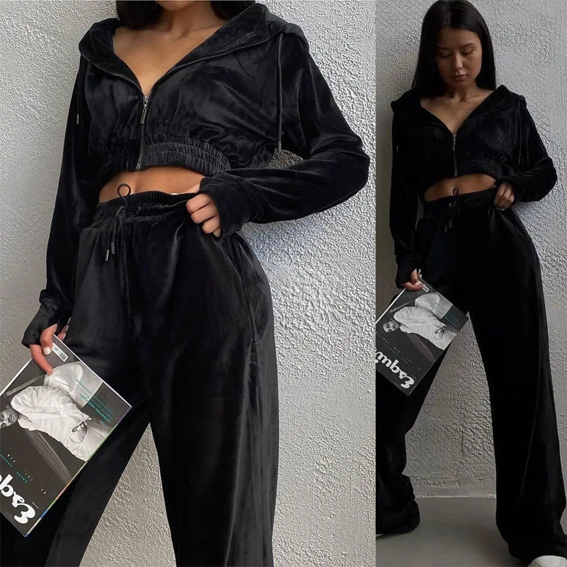 Kvinders afslappede fleece sæt med cropped top og brede bukser