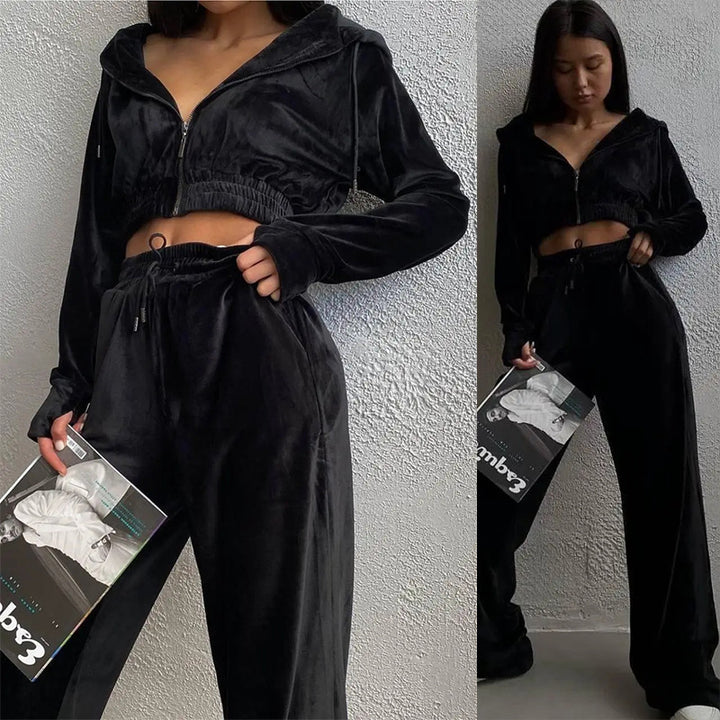 Kvinders afslappede fleece sæt med cropped top og brede bukser