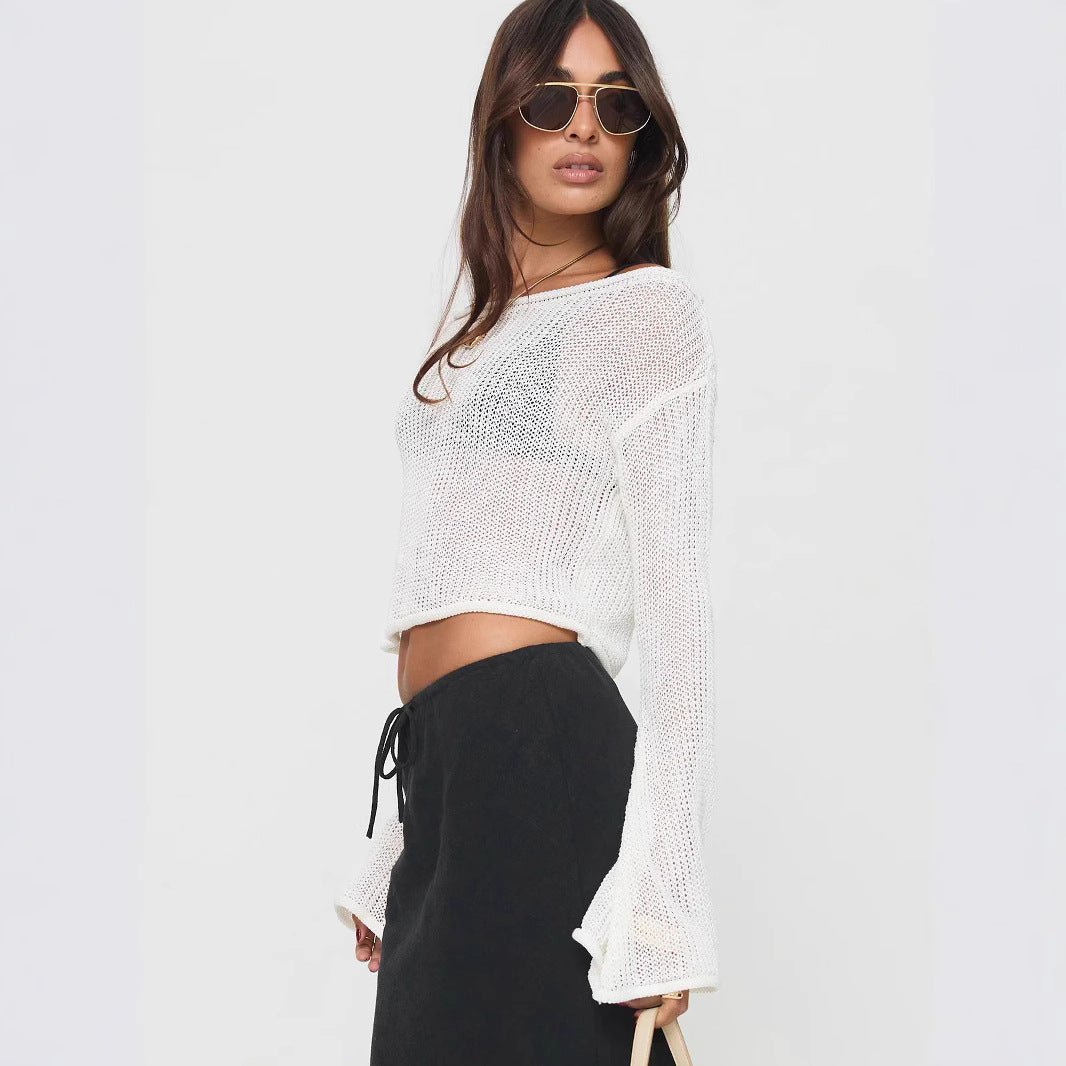 Dame afslappet cropped sweater i åbent strikdesign Stilla