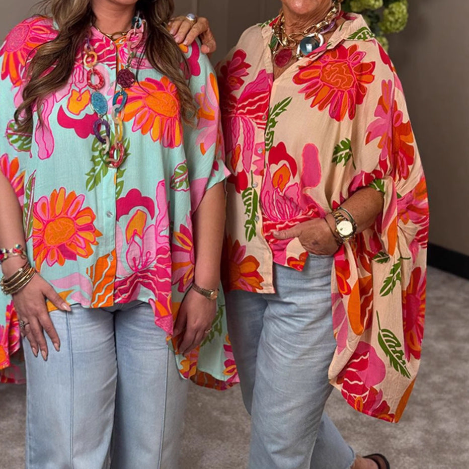 Dame nan luftig Oversize-skjorte bluse i Resort stil med stort blomstertryk og asymmetrisk spids kant Skovae