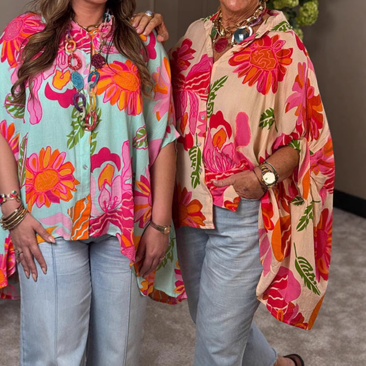 Dame nan luftig Oversize-skjorte bluse i Resort stil med stort blomstertryk og asymmetrisk spids kant Skovae