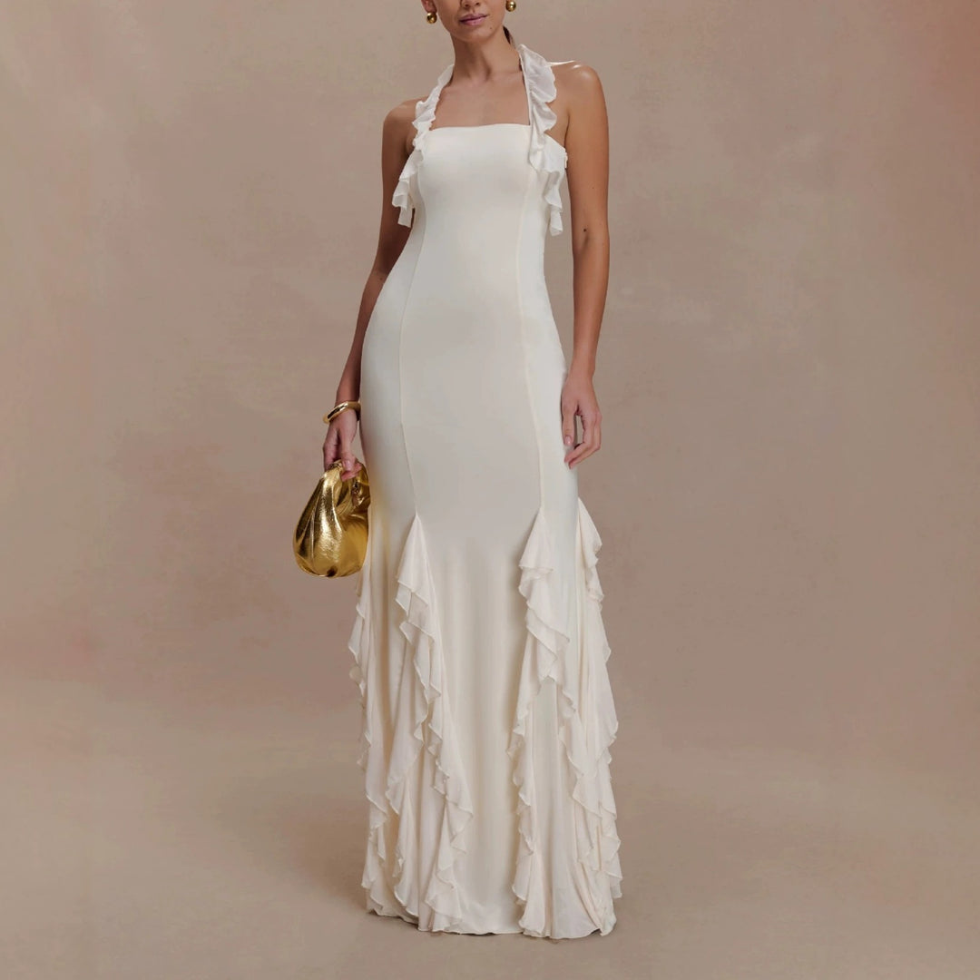Dame Elegant Langærmet Maxikjole med Ruffles Detaljer Skovae