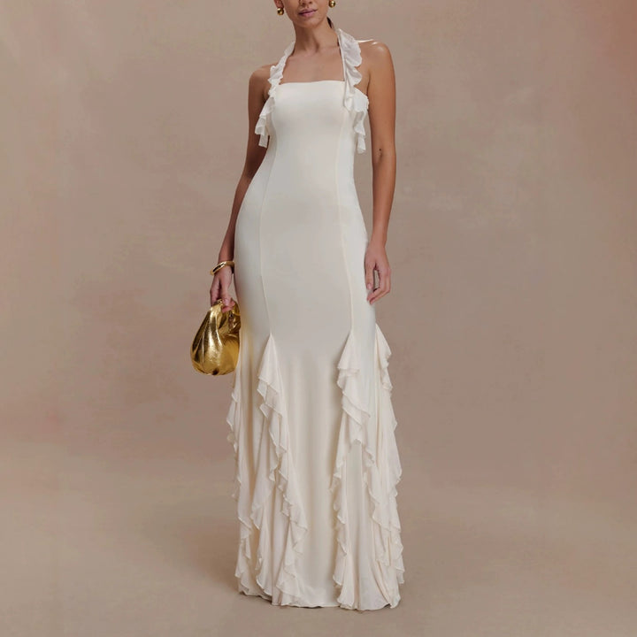 Dame Elegant Langærmet Maxikjole med Ruffles Detaljer Skovae